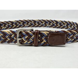 EMIDIO TUCCI LEATHER BROWN BLUE CREAM STRETCH WOVEN SILVER MENS BELT 40"